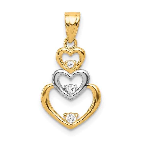 10k Gold Genuine with Rhodium CZ 3-Heart Necklace Mini Charm Pendant